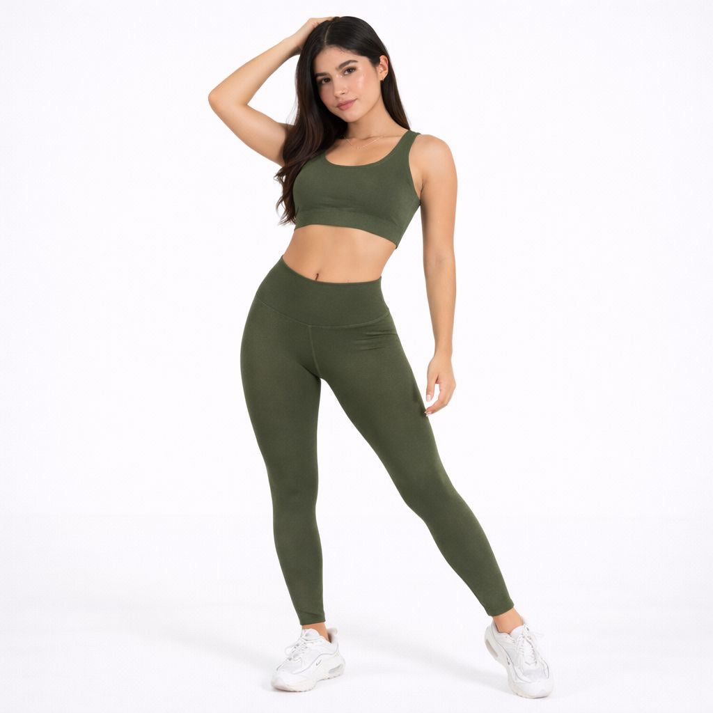 Olive Green Standard Fit Sport Set – Top & Leggings for Women