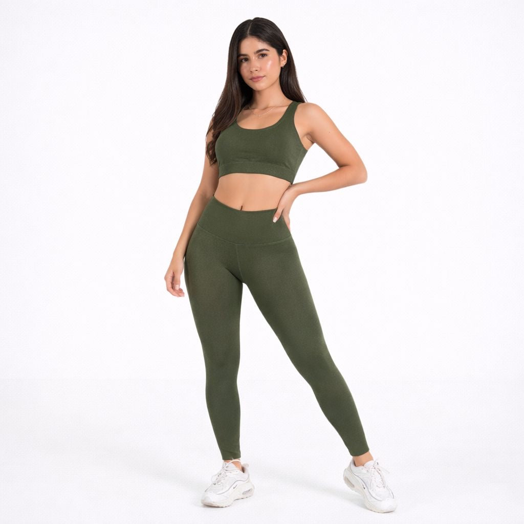 Olive Green Standard Fit Sport Set – Top & Leggings for Women